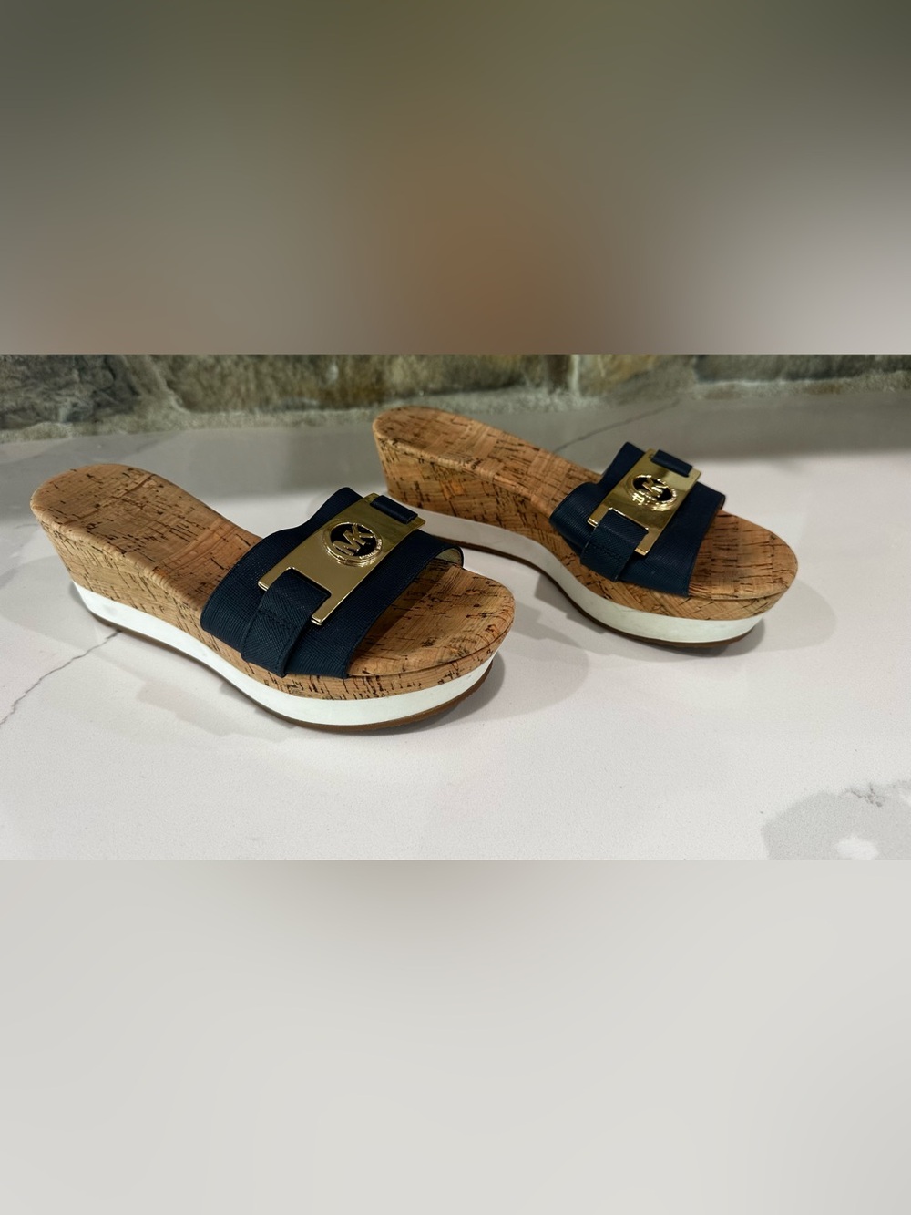 MICHAEL Michael Kors Women's Warren Platform Wedge Sandals Cork Slide Navy US 7M